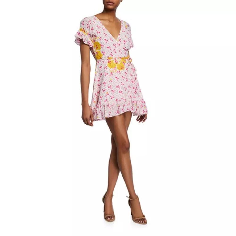 Mochi DOR02A2 Dot Floral Silk Dory Mini Wrap Dress Fuchsia Pink Size M NWT